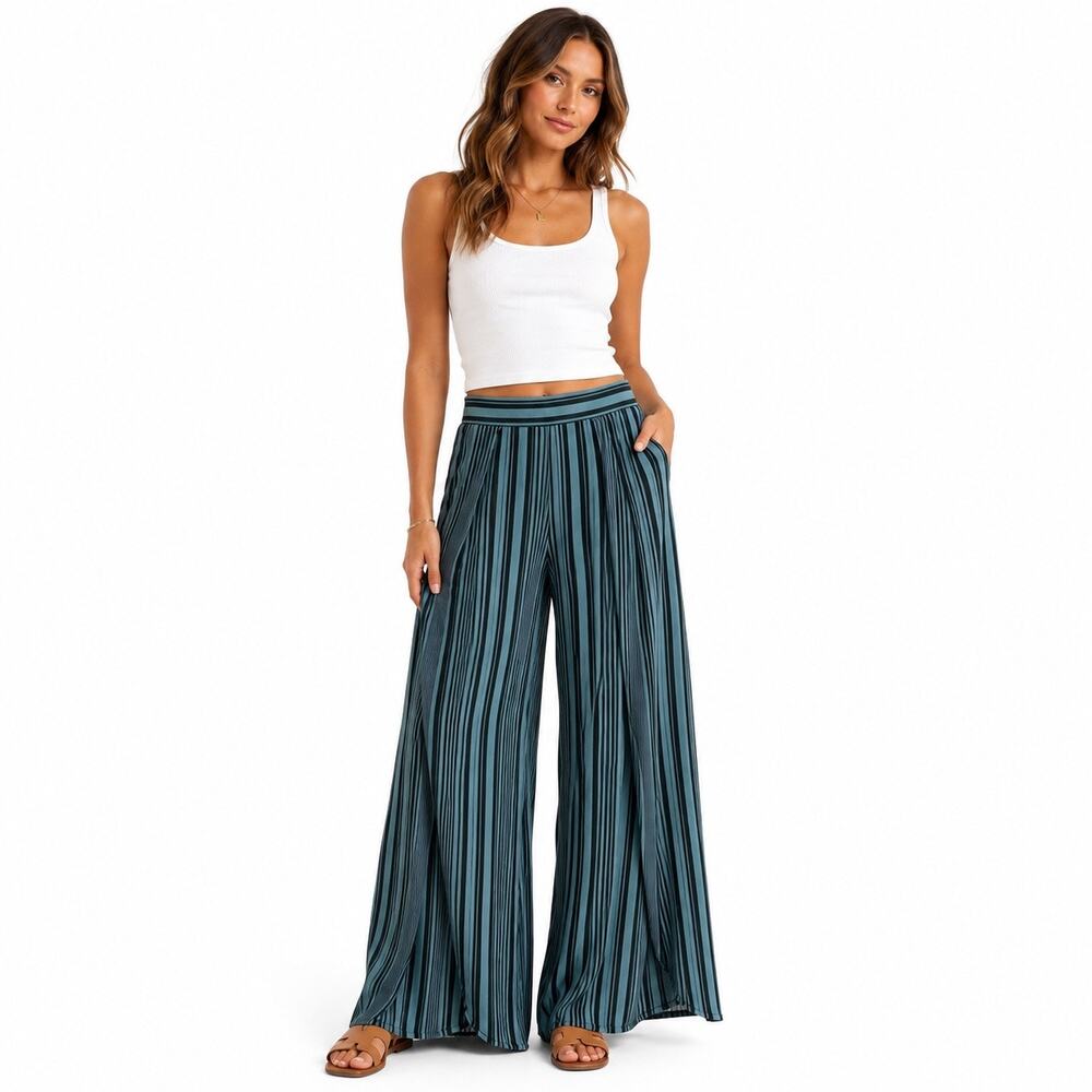 Michael Stars Cabana Stripe Wide Leg Tulip Wrap Pants Blue Black Size M